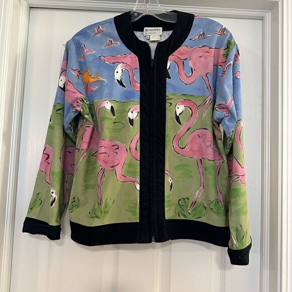 Vintage 80's Silkscapes Jacket Flamingos hand painted small - Picture 1 of 3